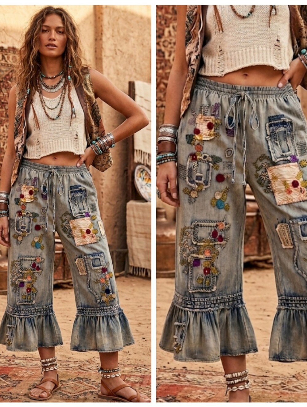 BACK IN STOCK !! Boho Embroidered Patchwork Vintage Wash Ruffle Hem Bloomers
